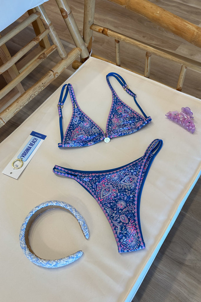 Blue pattern bikini, swimsuit, swimwear, beach, beach vacation , spring break, Pixelated Boutique, Women's Clothing, pring trends 2025, Virginia Beach Clothing Stores, Spring/Summer 2025, Clothing Stores in Virginia Beach, Aesthetic Fashion Trends, East Coast Fashion Styles, Spring break style