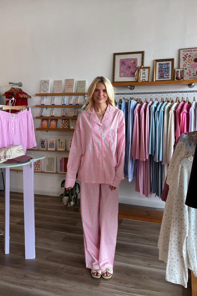 Pajamas, Womens Pjs, Striped Pjs, Pink Pajamas, Loungewear, Sleepwear, Pixelated Boutique, Women's Clothing, Women's Jewelry and Gifts, Online Shopping for Women, Spring trends 2025, Virginia Beach Clothing Stores,  Spring/Summer 2025, Clothing Stores in Virginia Beach, Aesthetic Fashion Trends, East Coast Fashion Styles, Spring break style, Fashion Trends, Sustainable Women's Clothing, Cozy styles, Unique Gift Ideas for Women